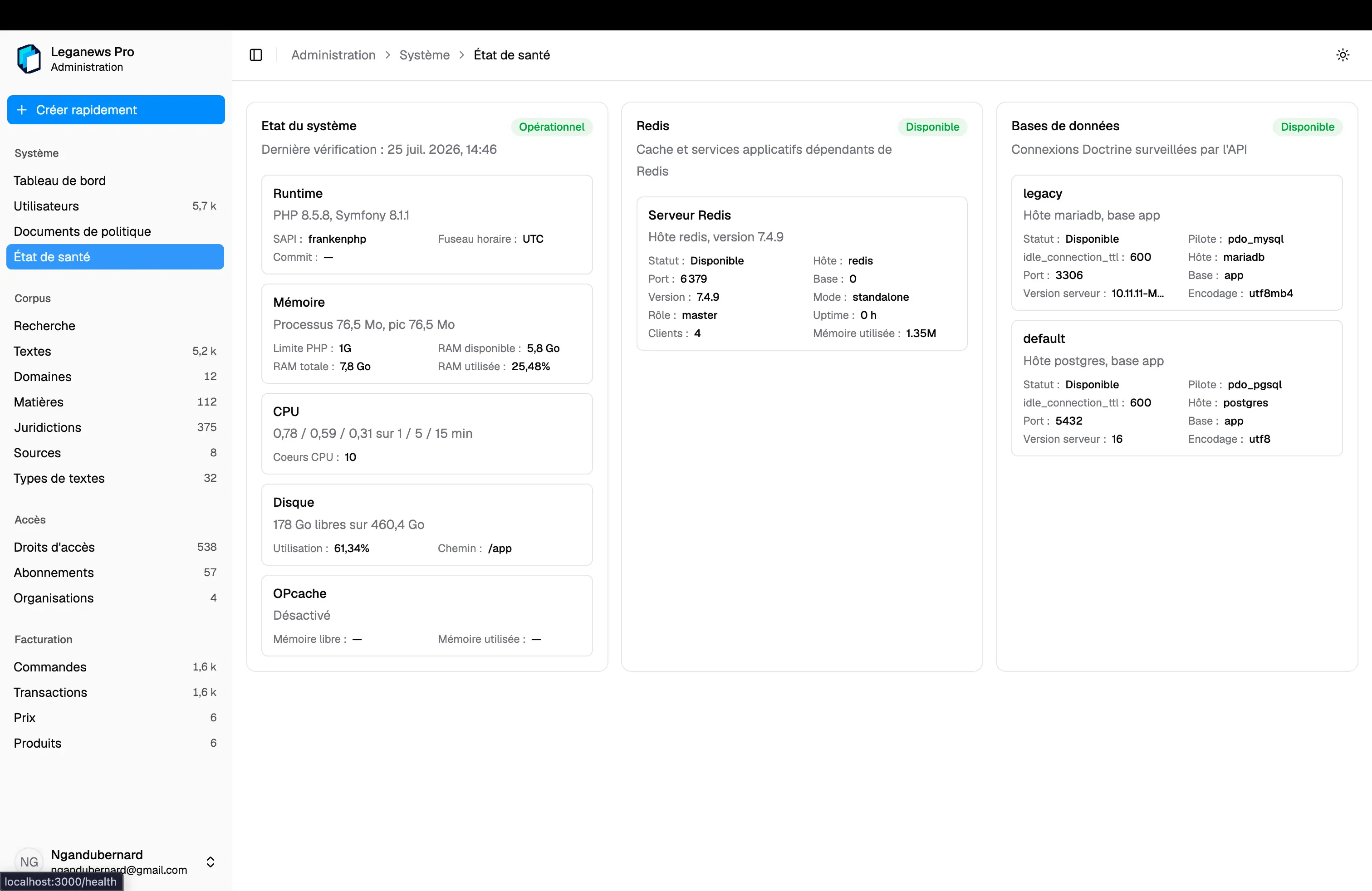 System health dashboard for runtime, Redis, databases, storage, and Mercure
