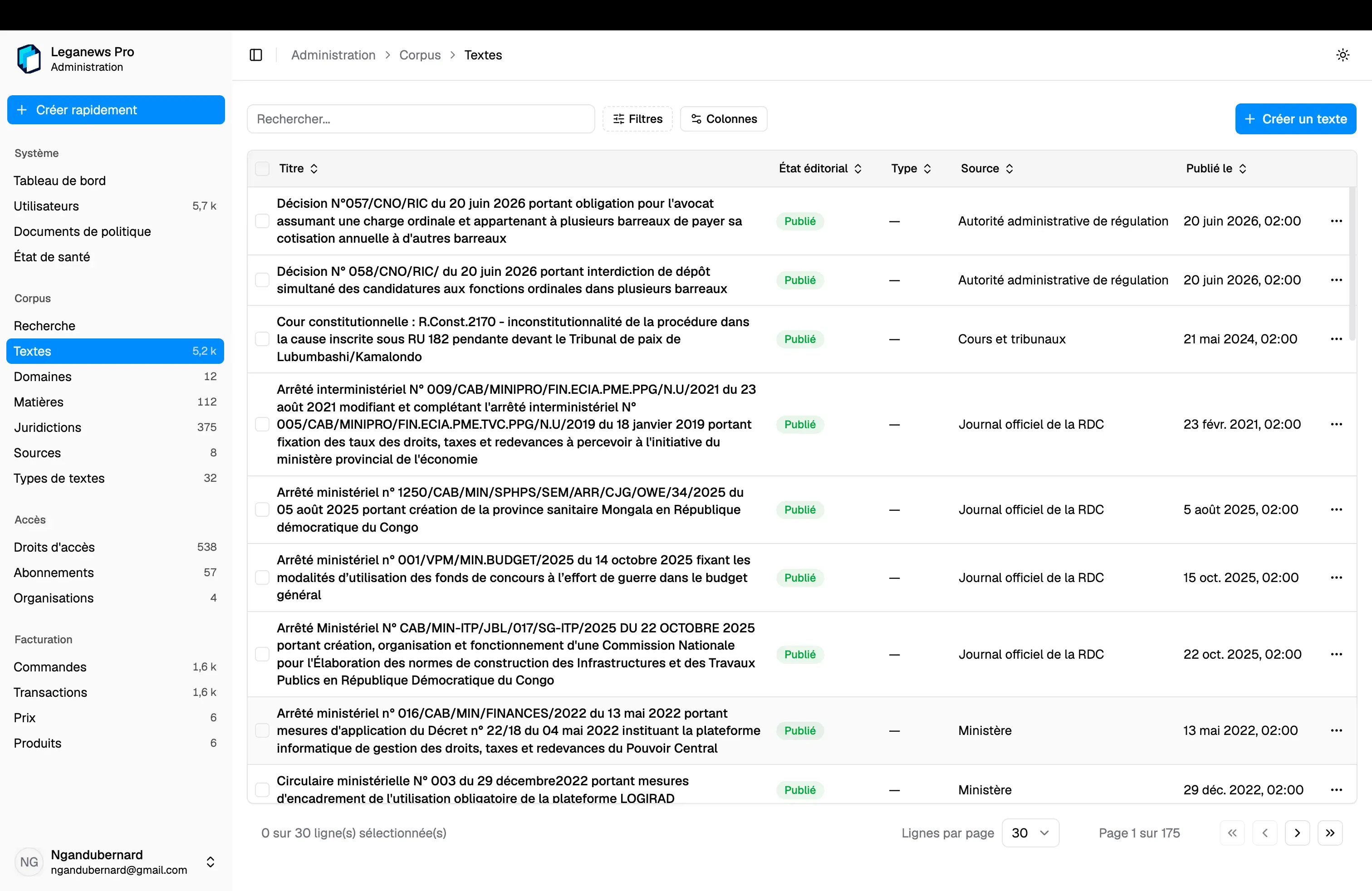 Administration corpus table listing legal Works and their publication states