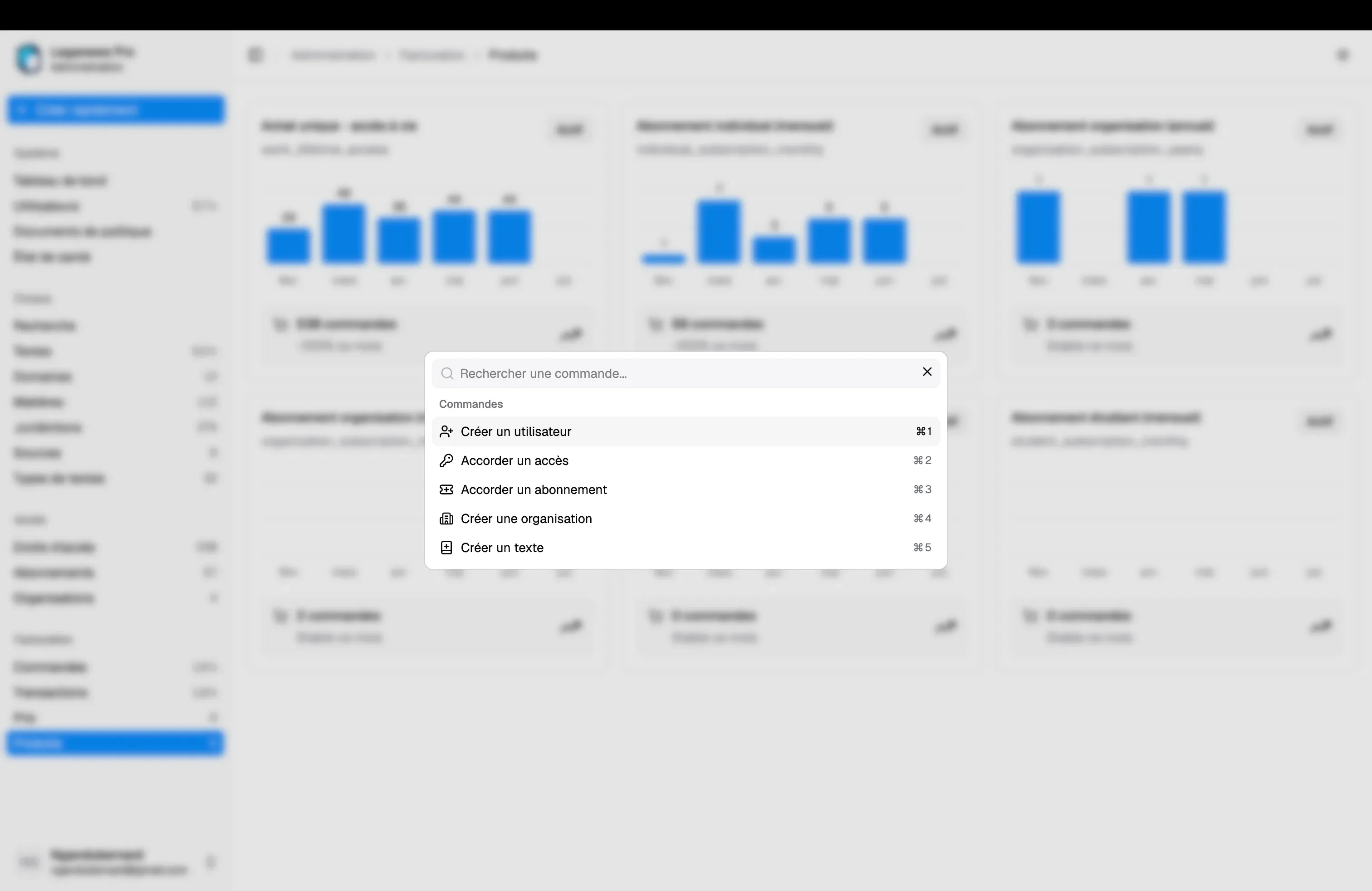 Administration command palette for navigating and creating records