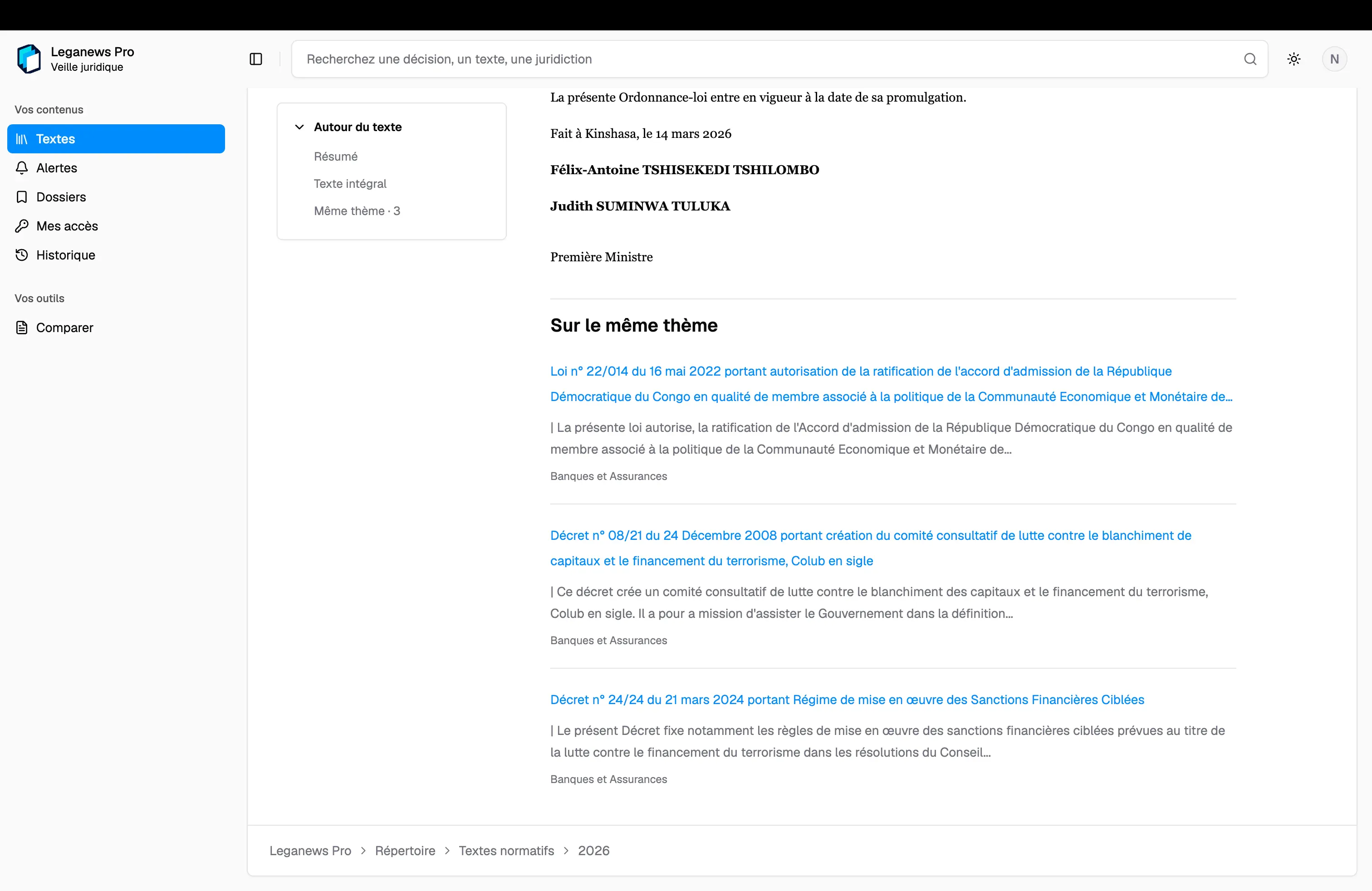 Related legal texts displayed below a Work