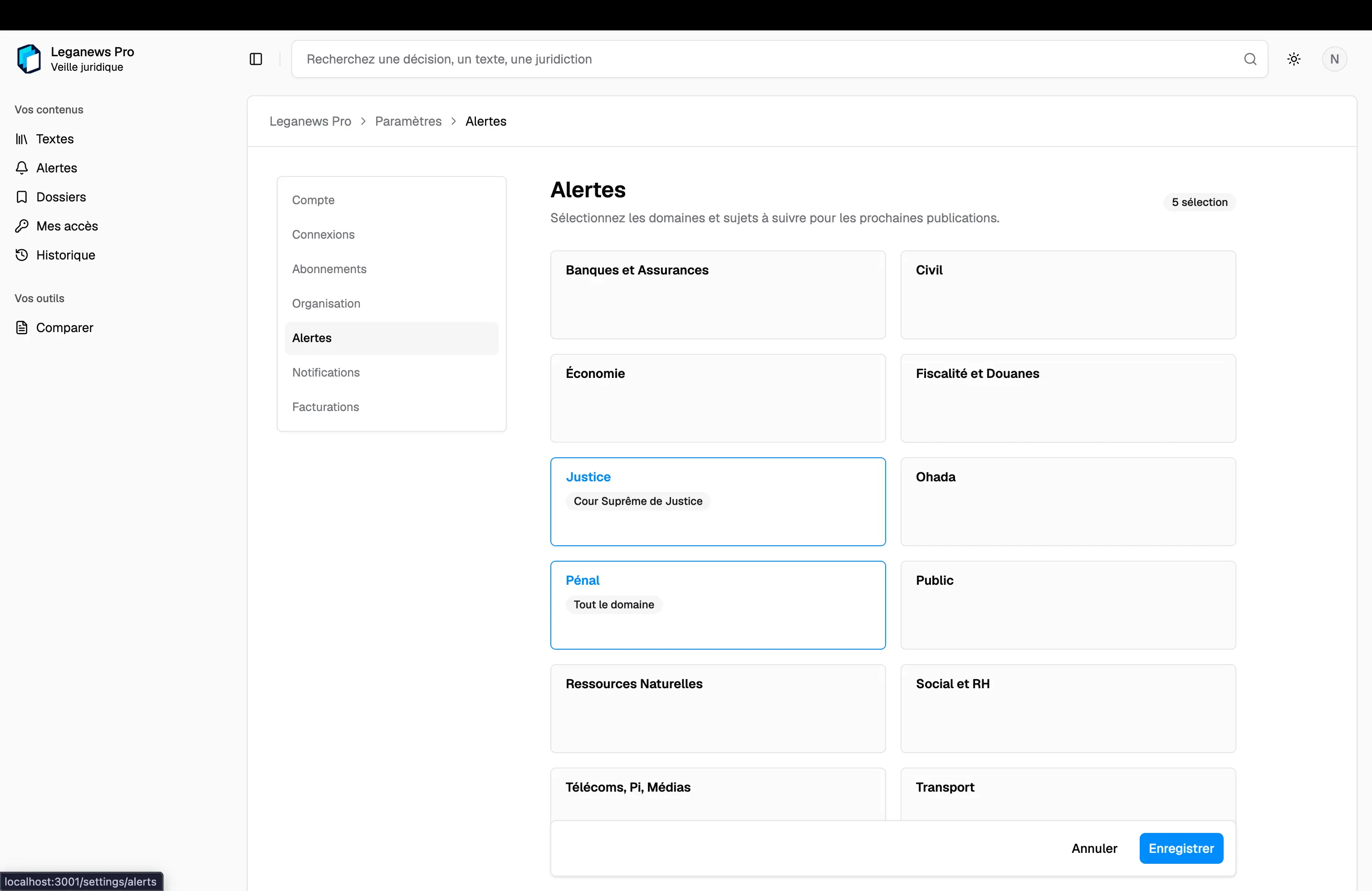 Alert settings for monitored legal domains and subjects