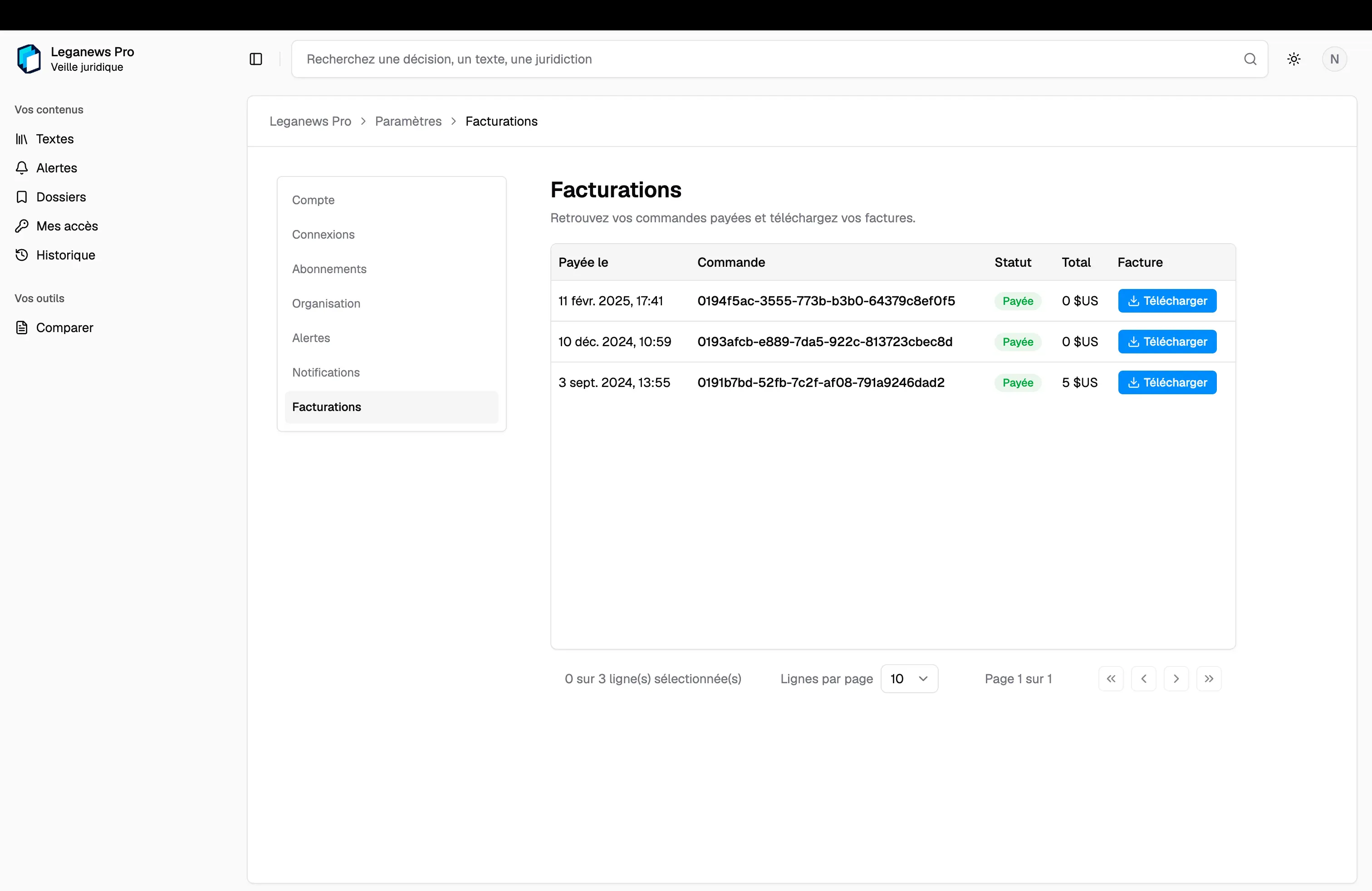 Paid orders and downloadable invoices in account settings