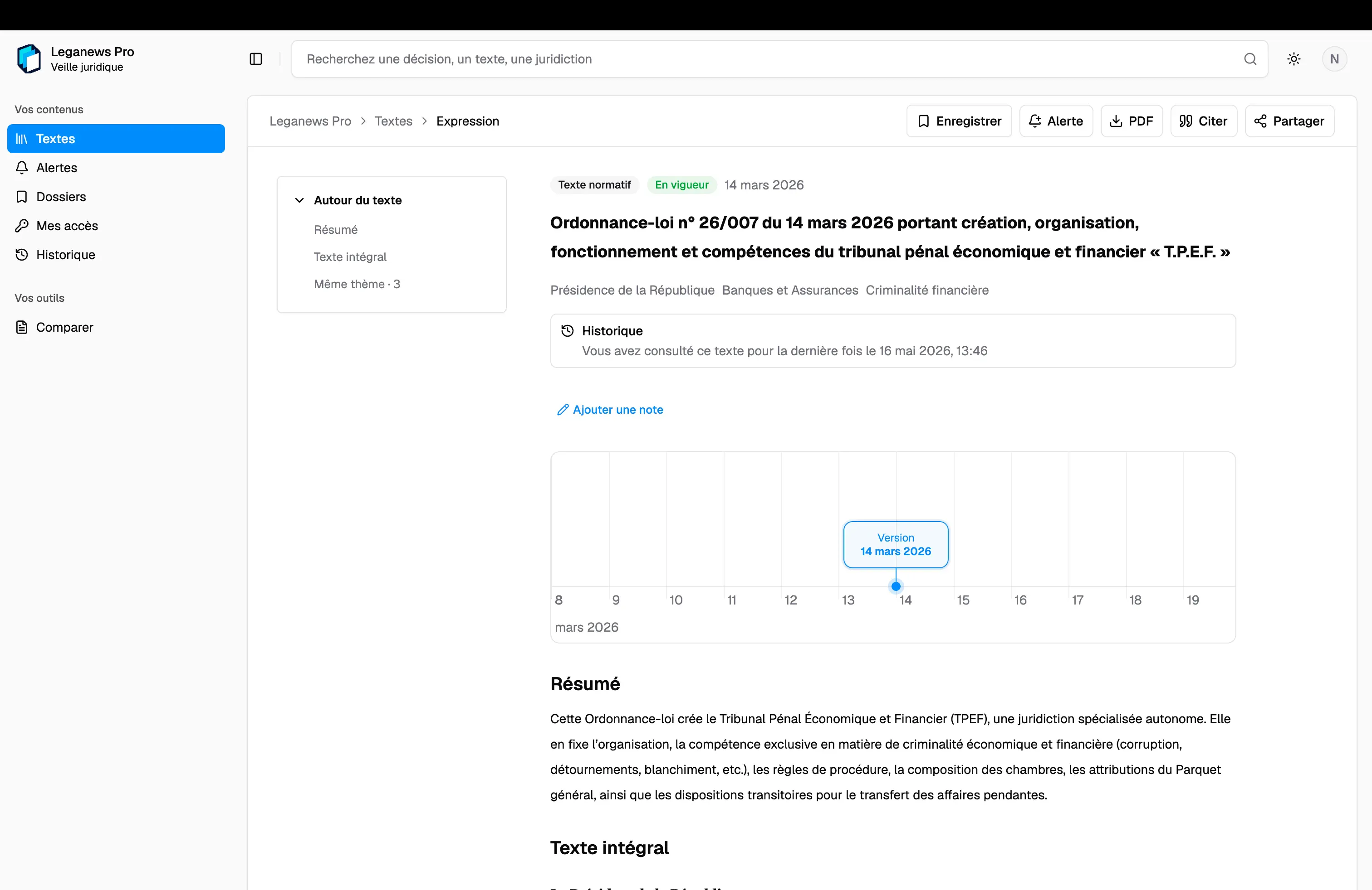 Normative Work page with version history, summary, and full text