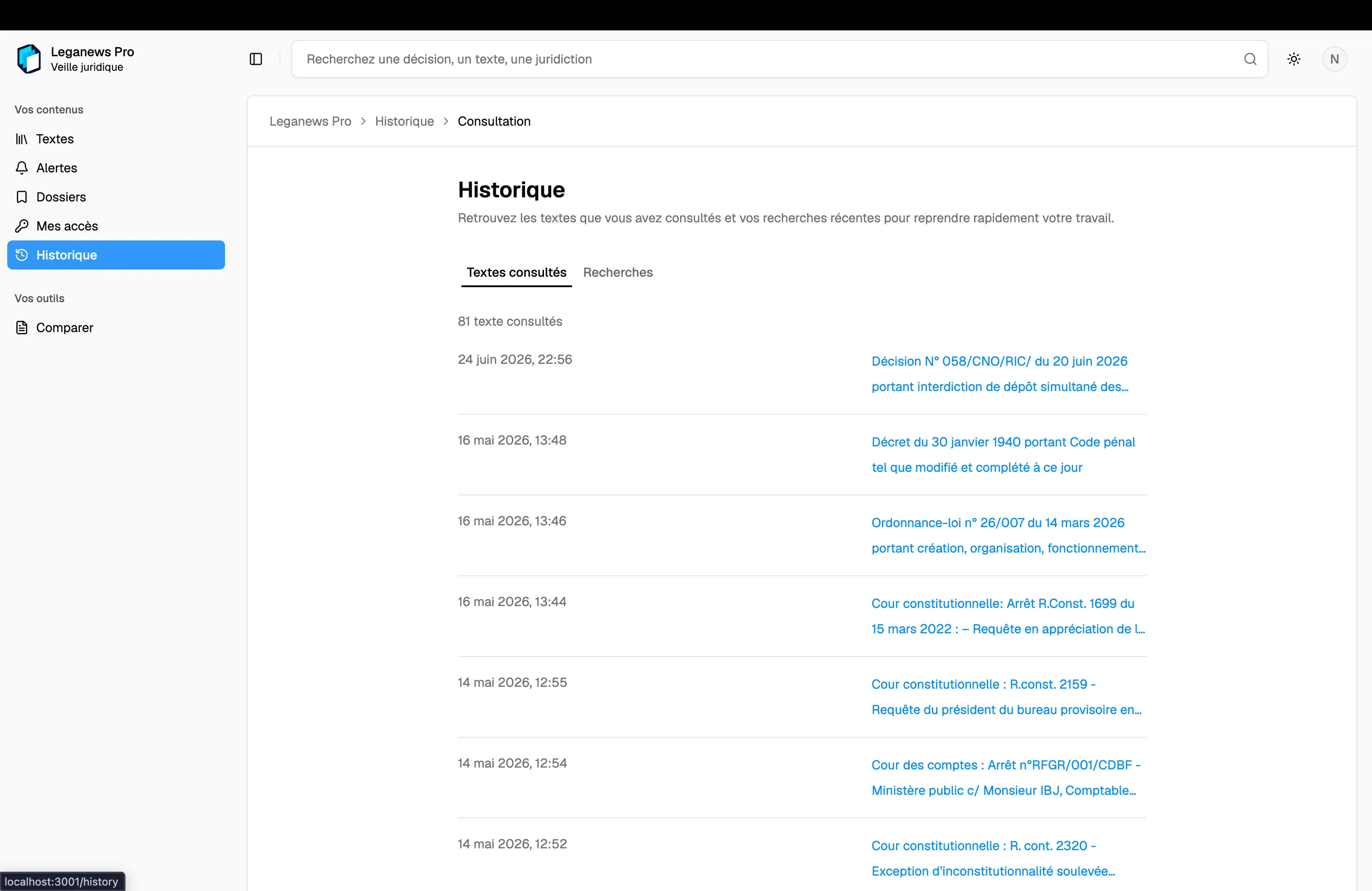 Consultation history for previously viewed legal texts