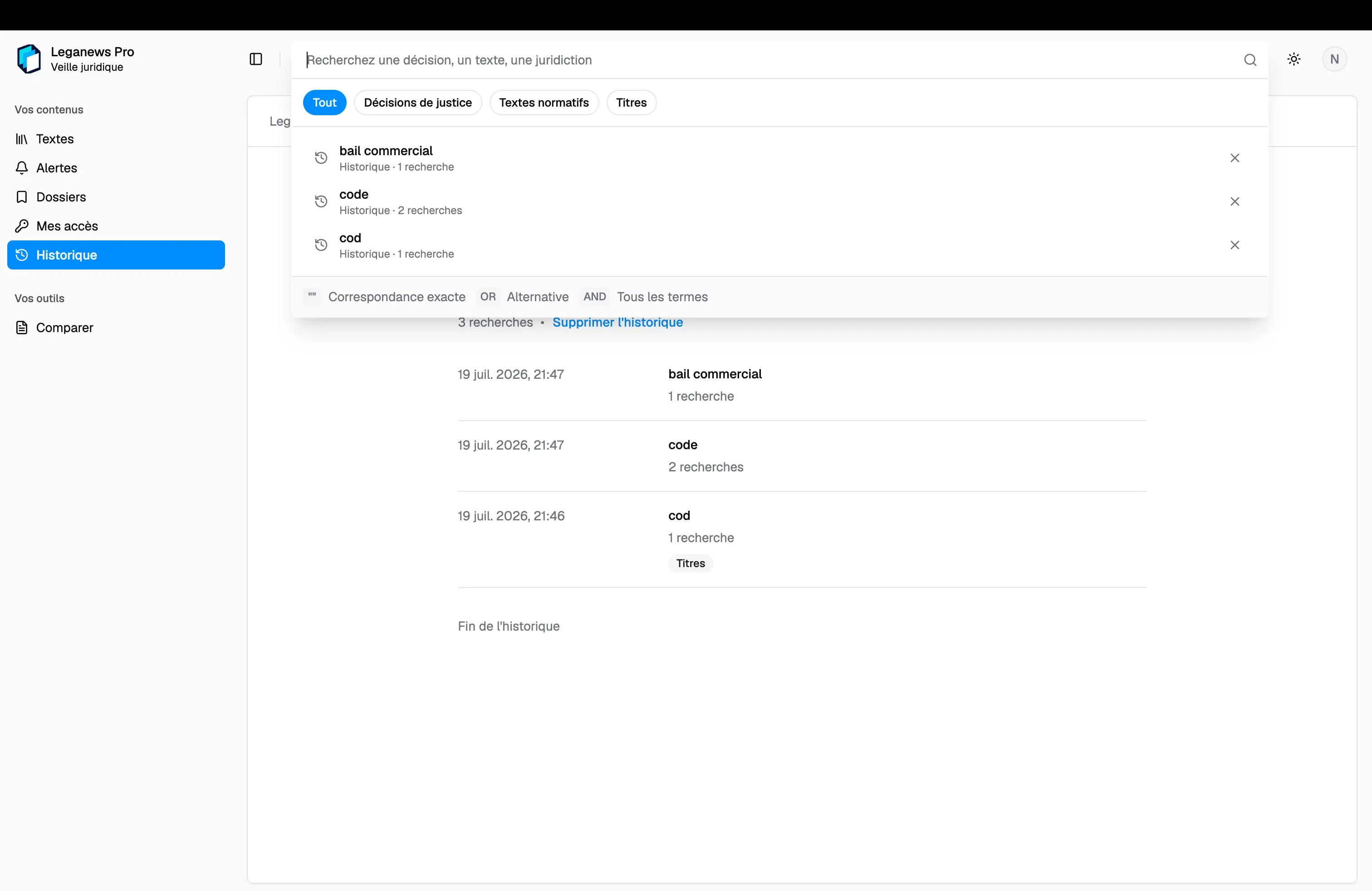 Search suggestions grouped by legal-text type
