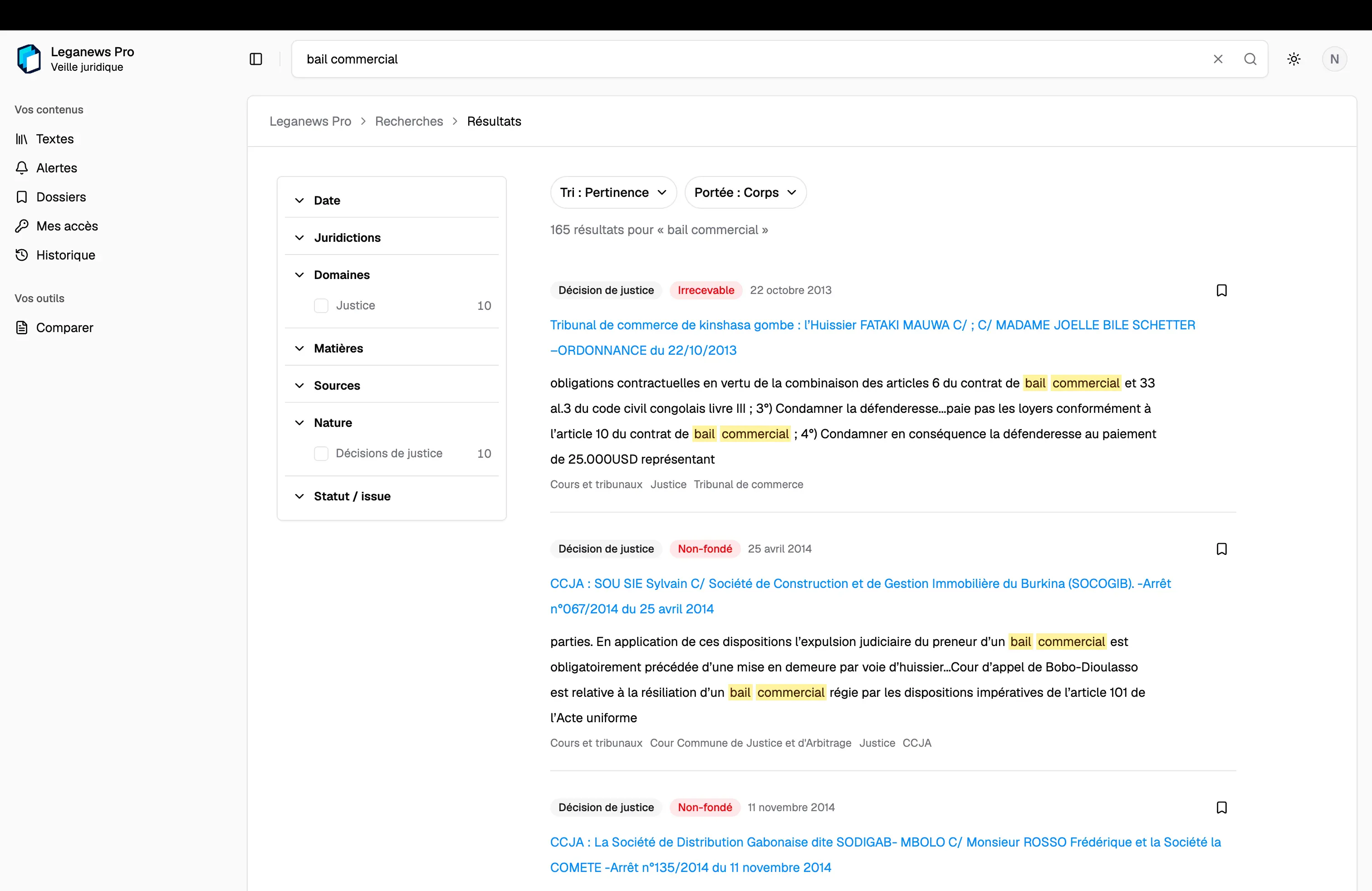 Legal search results with ranking controls and metadata filters