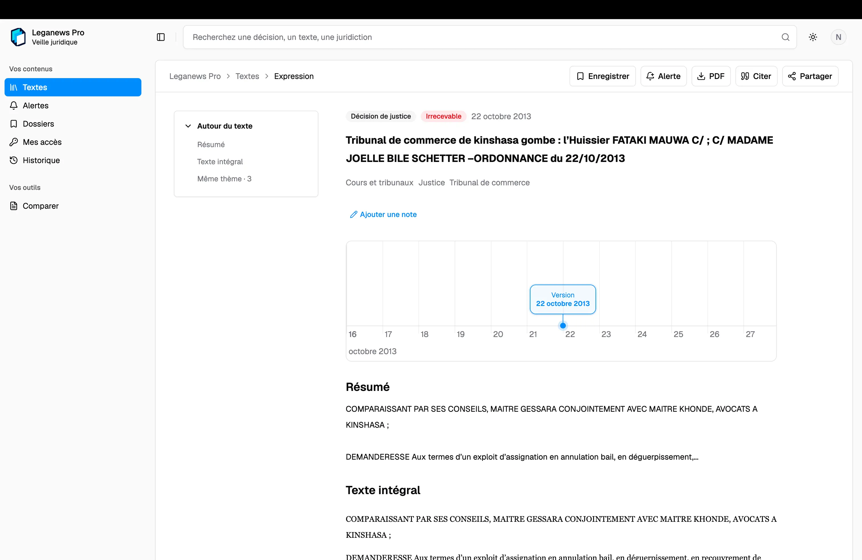 Case-law Work page with its metadata, version timeline, summary, and full text
