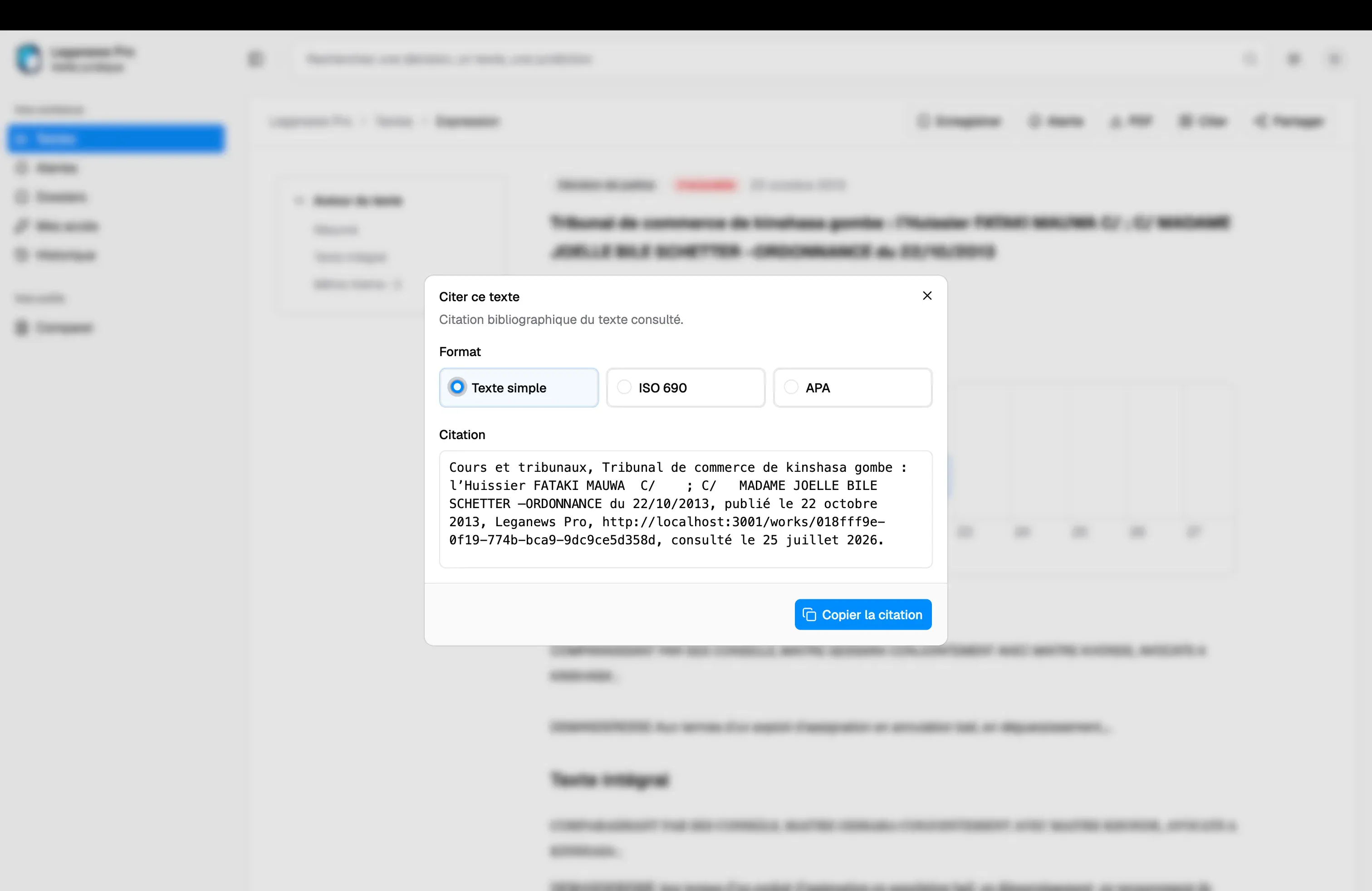 Citation dialog for copying a legal reference in several formats