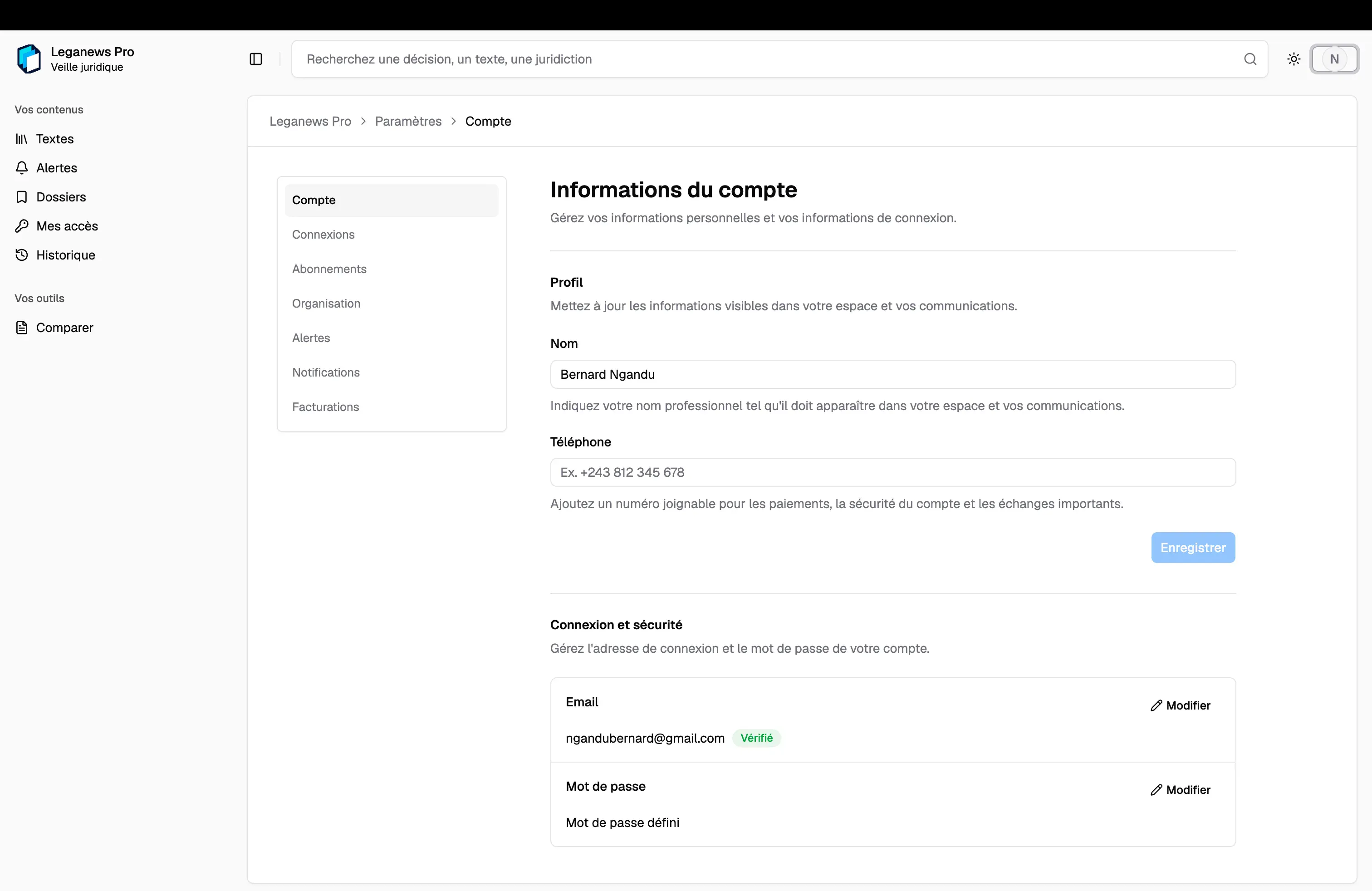 Account profile and password settings